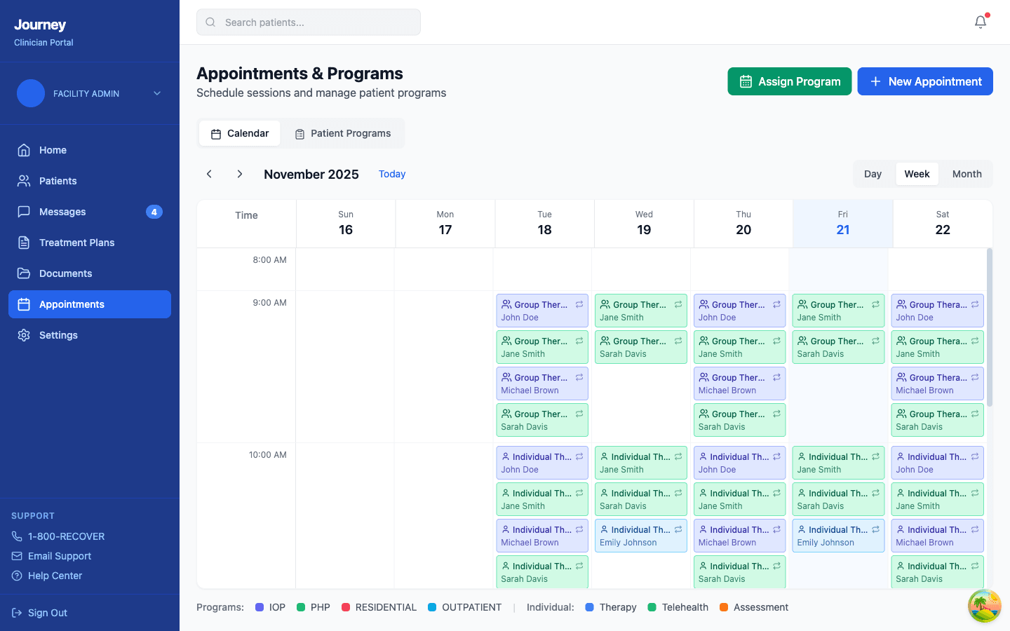 Journey weekly calendar view with color-coded group therapy, individual therapy, psychoeducation, medical, family, art therapy, and case management sessions