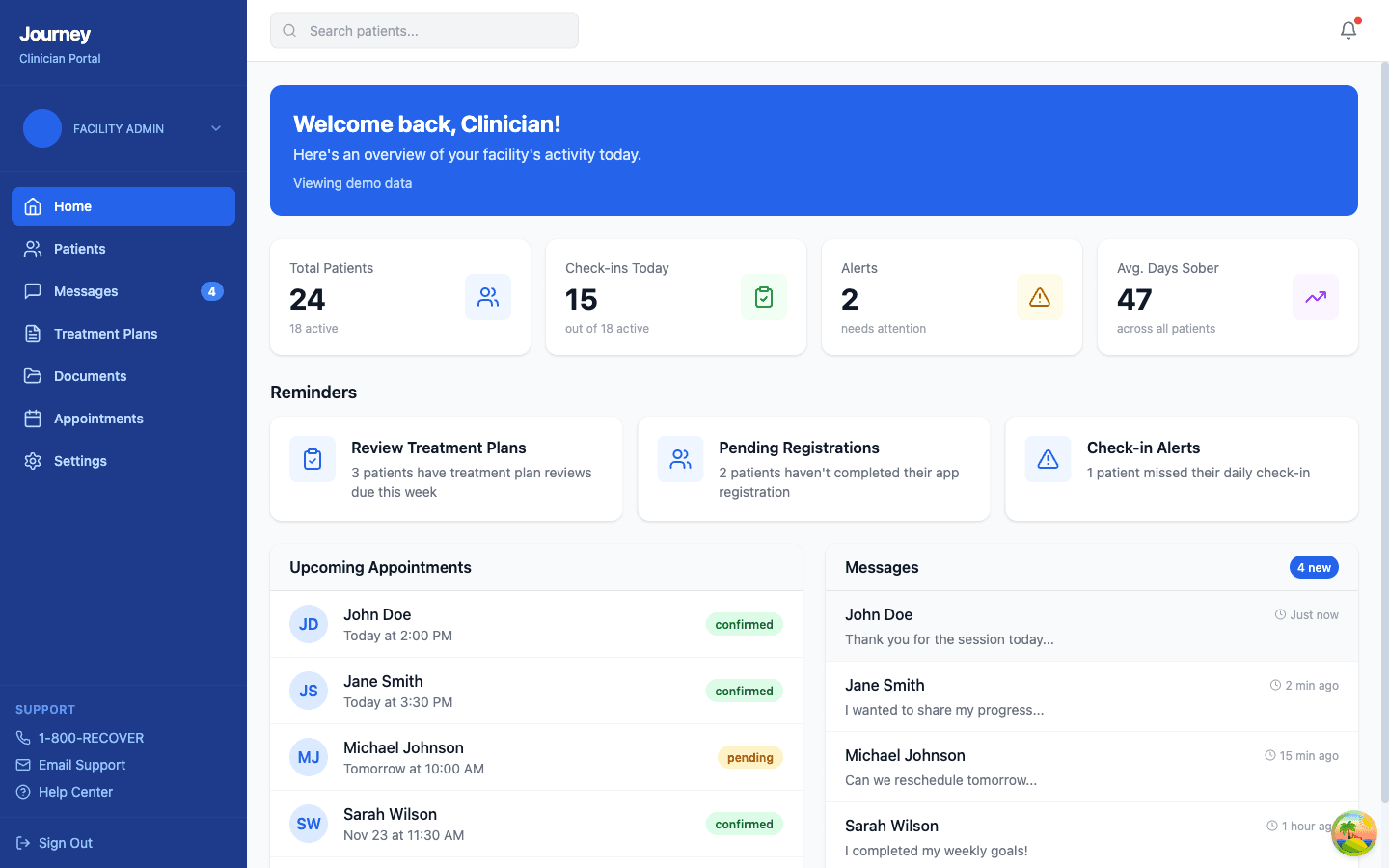 RecoverJourney clinician dashboard showing patient census, admissions, and facility analytics