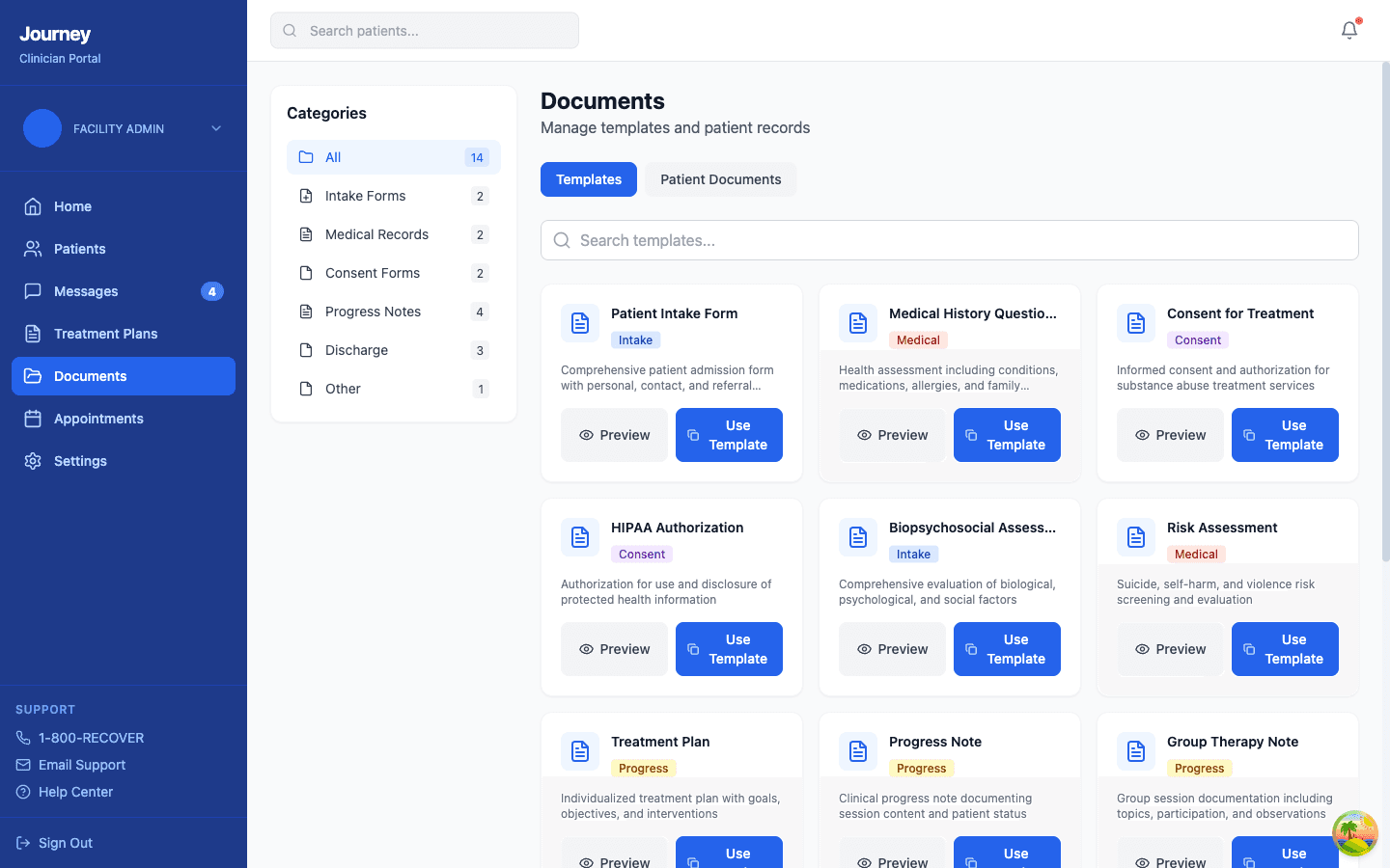 Journey document management with 14 templates across 6 categories, preview and use template buttons