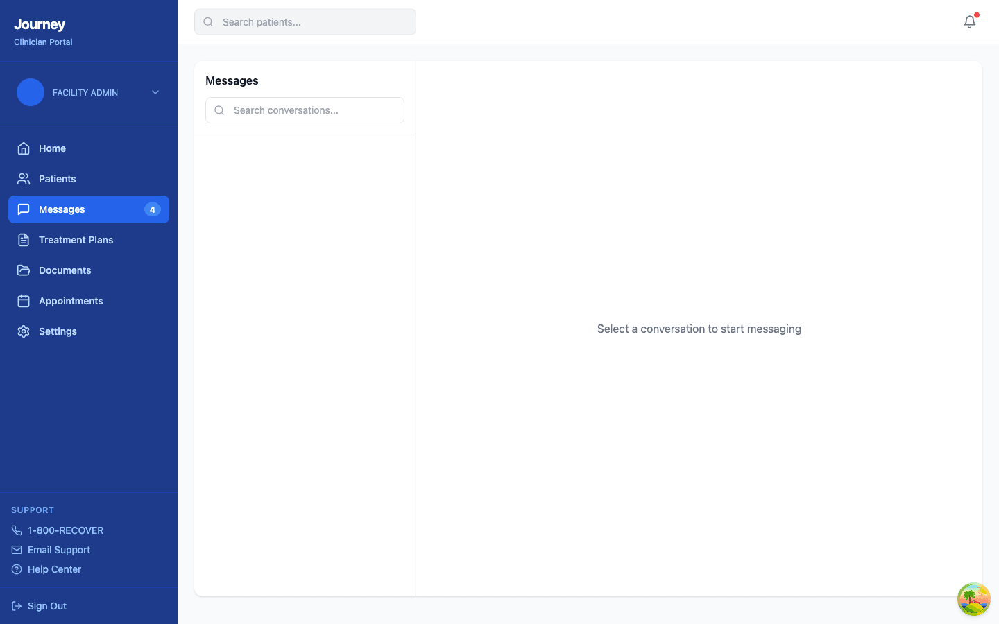 Journey secure messaging interface with conversation list, search, and split-pane layout