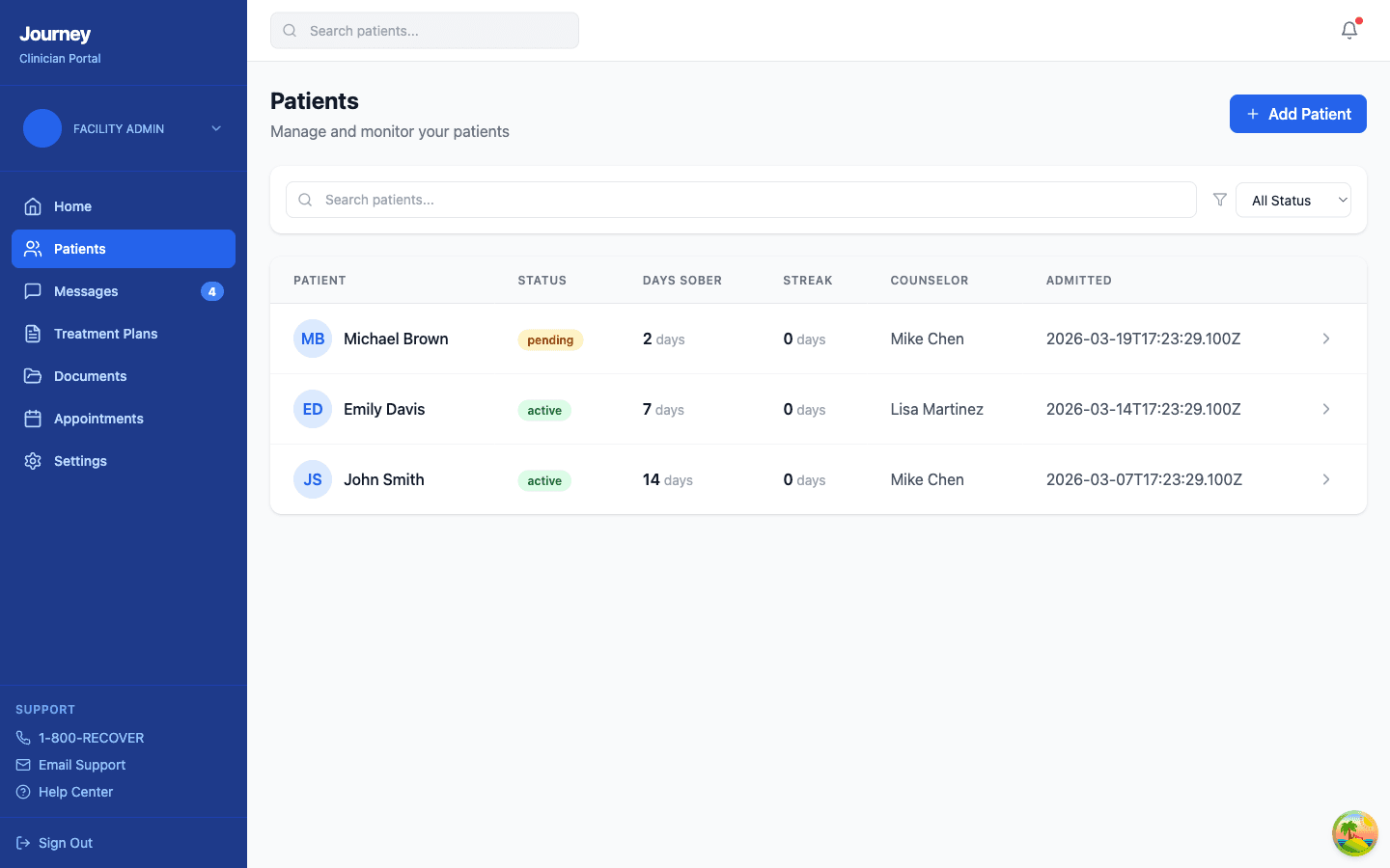 Journey patient list with search, status filter, and three patients showing active and pending statuses