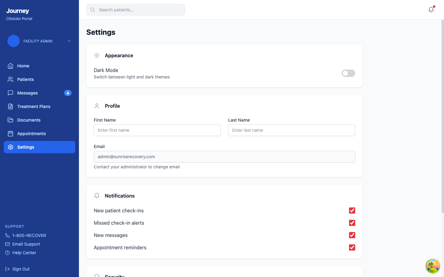 Journey settings page with appearance dark mode toggle, profile management, notification preferences, and security controls including 2FA