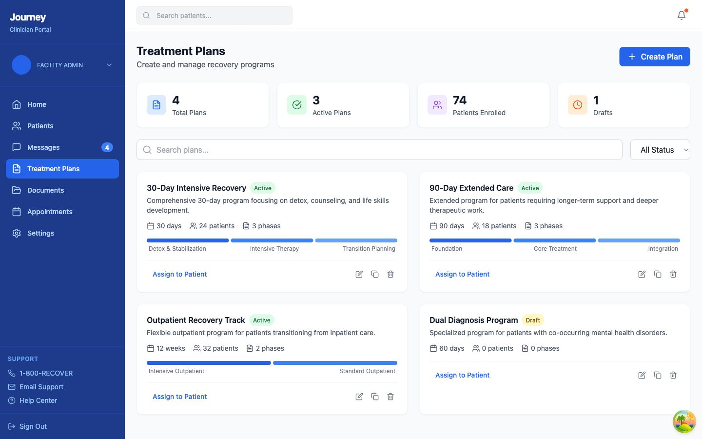 Journey treatment plan builder with 4 plans, stats cards, and phase progress bars