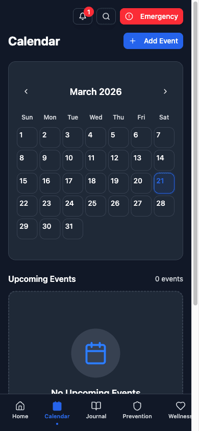 Calendar view showing scheduled events and appointments