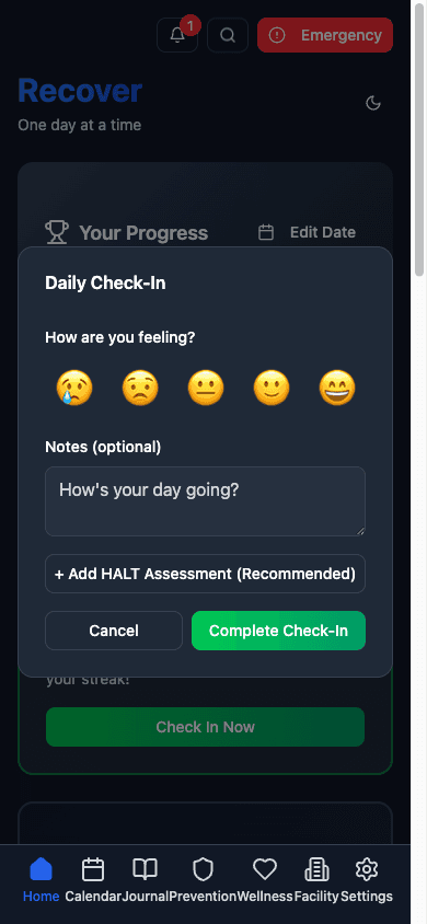Daily check-in modal with mood tracking and HALT assessment