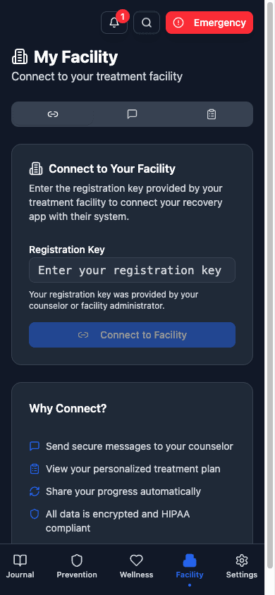 Facility connection screen with registration key entry