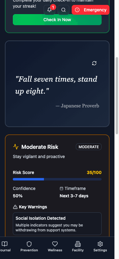 Recover app showing AI relapse risk prediction with risk score and recommended interventions