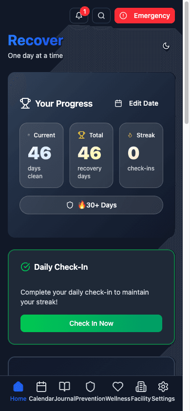 Recover patient app home screen