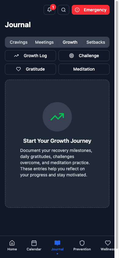 Growth section with logs, challenges, gratitude, and meditation