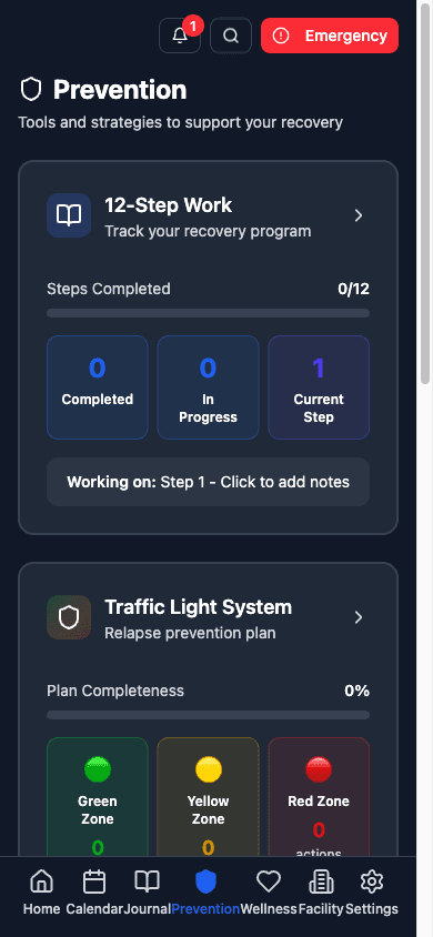 Prevention tools with 12-step work and traffic light system