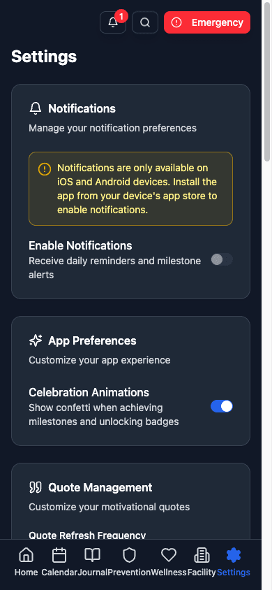Settings screen with notifications, preferences, and data management